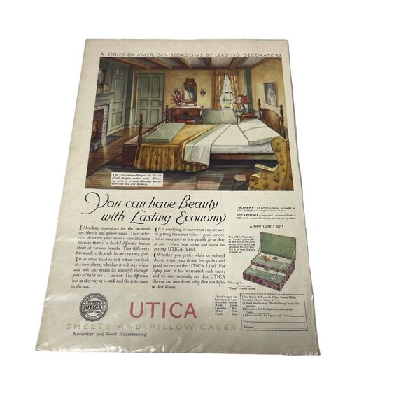 Vintage 1929 UTICA & MOHAWK Sheets Pillow Cases Bedding Art Décor 20's Print Ad - Picture 1 of 2